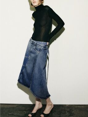 Zara Blue Patchwork Wrap-Detail Midi Denim Skirt